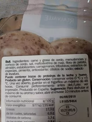 Lista de ingredientes del producto Bull Blanco Realvalle 