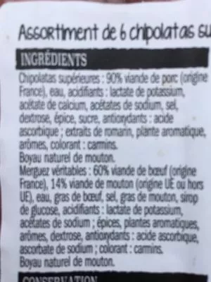 Lista de ingredientes del producto 6 chipolatas et 6 merguez L ETAL DU BOUCHER 660g