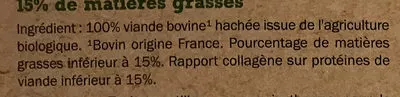 Lista de ingredientes del producto 4 steaks hachés bio pur boeuf L'étal du Boucher 4 * 100 g (400 g)