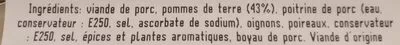 Lista de ingredientes del producto Saucisse aux pommes de terre traditionnelle Charcuterie Zentz 