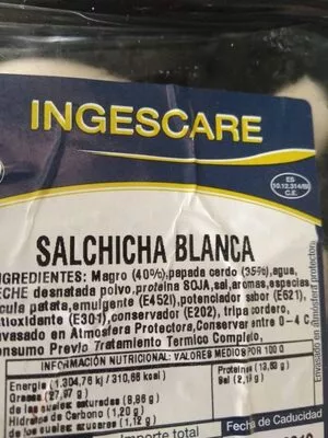 Lista de ingredientes del producto  Ingescare 