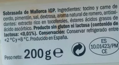 Lista de ingredientes del producto Sobrasada de Mallorca IGP Realvalle 200 g