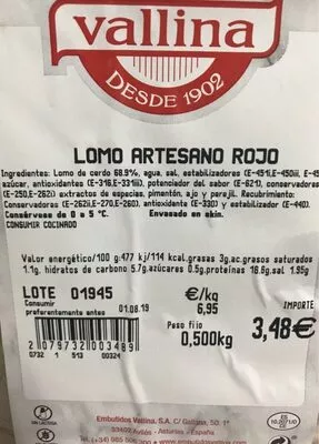 Lista de ingredientes del producto Lomo de cerdo vallina 