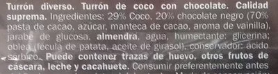 Lista de ingredientes del producto Turrón de coco con chocolate DOR 250 g