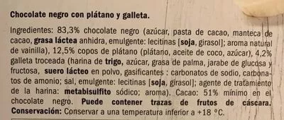 Lista de ingredientes del producto Chocolate negro platano y galleta Deluxe 120 g