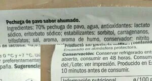 Lista de ingredientes del producto Pechuga Pavo Braseado realvalle 200 g