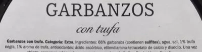 Lista de ingredientes del producto Garbanzos con trufa Deluxe 850 g neto, 520 g escurrido, 850 ml