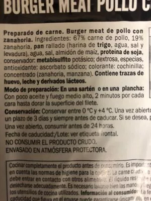 Lista de ingredientes del producto Burger meat pollo zanahoria  79 g