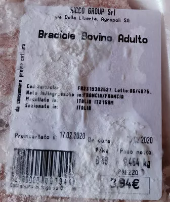 Lista de ingredientes del producto Braciole Bovino Adulto Ricco group srl 464 g