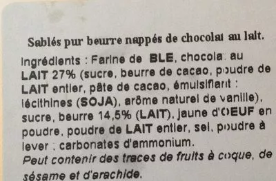 Lista de ingredientes del producto Sablés Pur Beurre Nappés de Chocolat Disney Une boîte