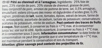 Lista de ingredientes del producto Pâté au chevreuil Delicieux 250 g