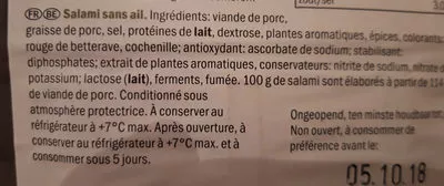 Lista de ingredientes del producto Salami sans ail  200 g