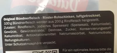 Lista de ingredientes del producto Dulano Selection Alpen Original Schweizer Bündnerfleisch Dulano 