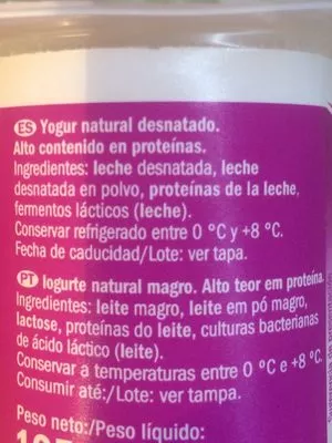 Lista de ingredientes del producto Linea natural 0 % Milbona 125g