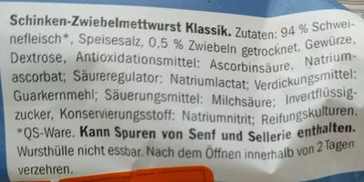 Lista de ingredientes del producto Schinken-Zwiebelmettwurst Gut Erkenloh 2x100g