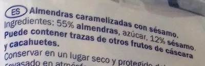 Lista de ingredientes del producto Caramelised almonds with sesame seeds Eridanous 120 g