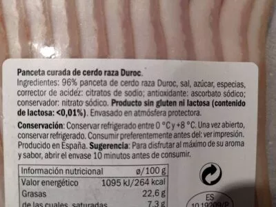 Lista de ingredientes del producto Panceta curada Realvalle 150 g