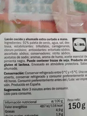 Lista de ingredientes del producto Lacón cocido y ahumado Realvalle 