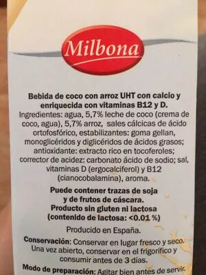 Lista de ingredientes del producto Bebida de coco Milbona 1 l