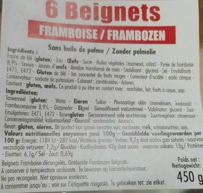 Lista de ingredientes del producto Beignets framboise Auchan 450 g