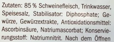 Lista de ingredientes del producto Jagdwurst Metzgerfrisch 