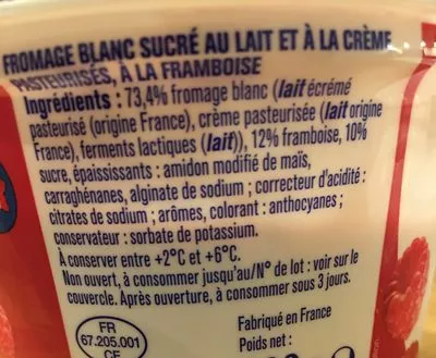 Lista de ingredientes del producto Fromage blanc framboise Envia, Ytfy 500 g