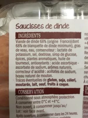 Lista de ingredientes del producto Saucisses de Dinde L etal du volailler 