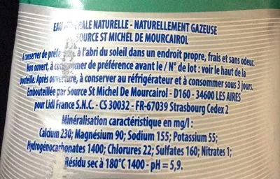 Lista de ingredientes del producto Eau minerale naturelle, naturellement pétillante Saguaro 0,5 L