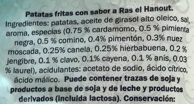 Lista de ingredientes del producto Patatas fritas sabor ras el hanout 1001 Delicias 125 g