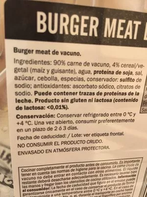 Lista de ingredientes del producto Burger Meat Vacuno lidl 500 g