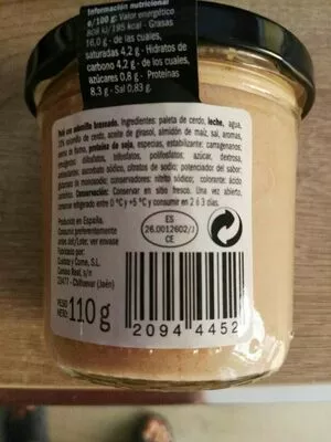 Lista de ingredientes del producto Paté Solomillo Braseado Deluxe 