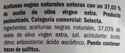 Lista de ingredientes del producto Aceitunas Kalamón in hueso Deluxe 340 g neto, 200 g escurrido, 370 ml