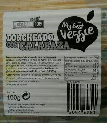 Lista de ingredientes del producto Loncheado con Calabaza lid'l My Best Veggie 100 g