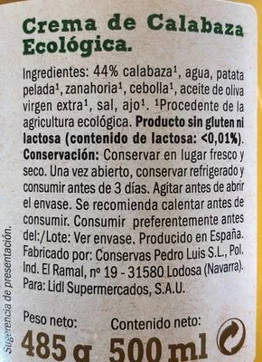 Lista de ingredientes del producto Crema de calabaza Kania 