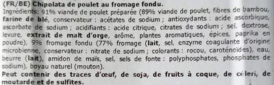 Lista de ingredientes del producto Chipolata de poulet au fromage Lidl 315 g