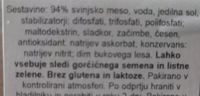 Lista de ingredientes del producto PEČEN PRŠUT DIMLJEN PIKOK 250 g