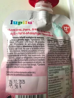 Lista de ingredientes del producto Bio organic manzana-pera-fresa-grosella Lupilu 90 g