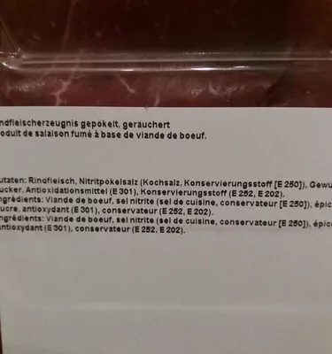 Lista de ingredientes del producto Produit de salaison fumé à base de boeuf Coop 77 g