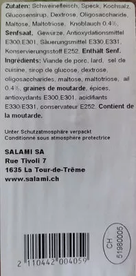 Lista de ingredientes del producto Lyoba Saucisse à l'ail barquette Saveur de Gruyère 81 g