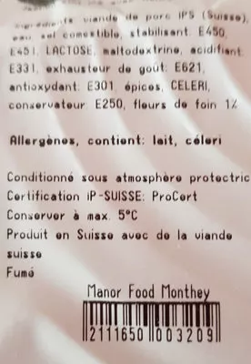 Lista de ingredientes del producto jambon fleur de foin IPS Manor 110 g