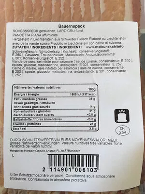 Lista de ingredientes del producto Bauernspeck - lard paysan Malbuener 126g