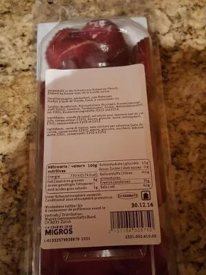 Lista de ingredientes del producto Talons de viande de boeuf fumé Migros 99 g