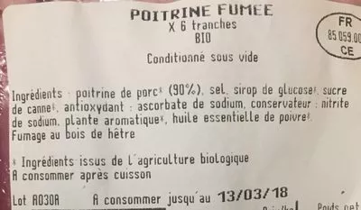 Lista de ingredientes del producto Poitrine fumée La Vie Claire 0,132 kg