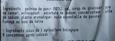 Lista de ingredientes del producto Poitrine fumée au bois de hêtre La Vie Claire 