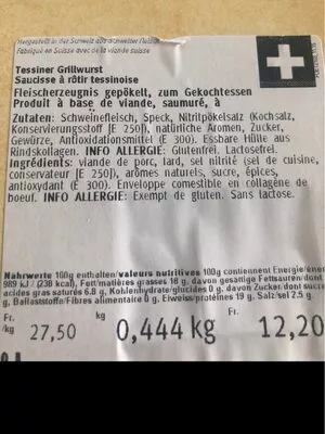 Lista de ingredientes del producto Salsiccia Ticinese Ticinella 450gr