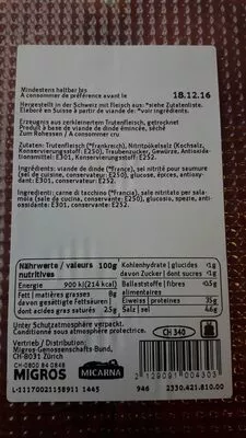 Lista de ingredientes del producto M Classic Carne Secca Di Tacchino  109 g