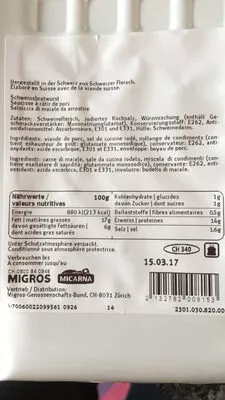 Lista de ingredientes del producto Saucisse à rôtir de porc  