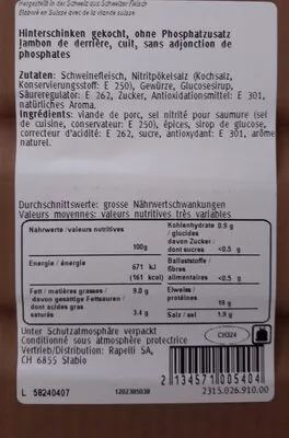 Lista de ingredientes del producto Prosciutto Cotto Puccini Rapelli 145 g