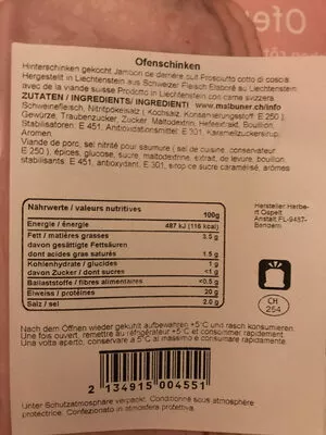 Lista de ingredientes del producto Jambon rôti au four Malburner 108 grammes