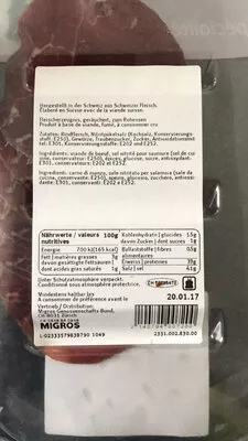 Lista de ingredientes del producto Viande de boeuf fumé  96 g